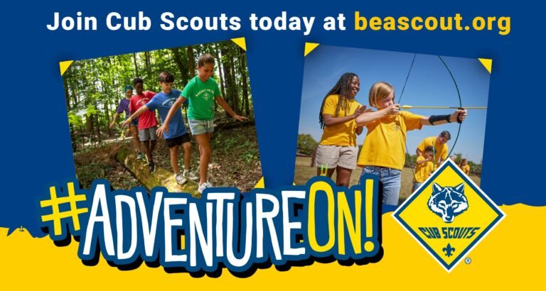 Image of cub scouts with the hashtag acventure on and a n invitation to join today at beascout.org